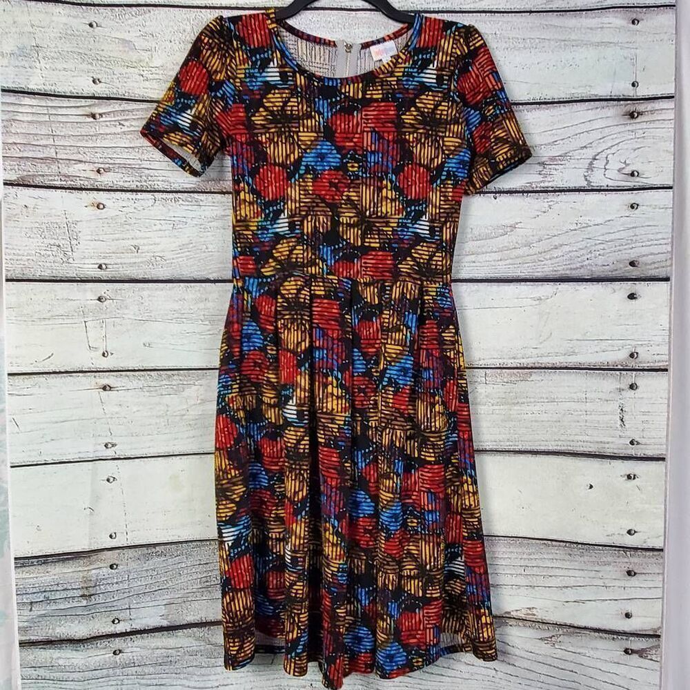 LuLaRoe Women's Fit & Flare Dress Size Small Bright Geometric Zip Back Skater St
